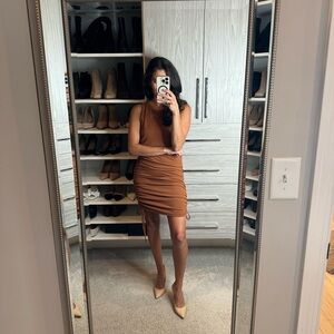 Brown Ruched Sleeveless Dress